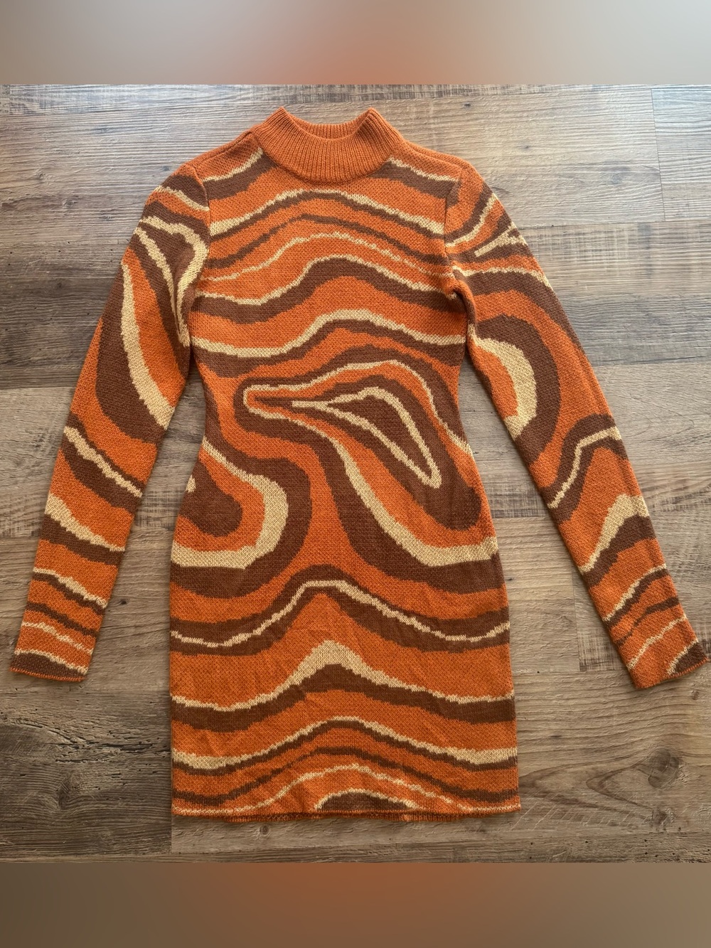 Derek Heart Small 70s Retro Knit Mini Dress Orange Brown Long Sleeve Hippie Boho